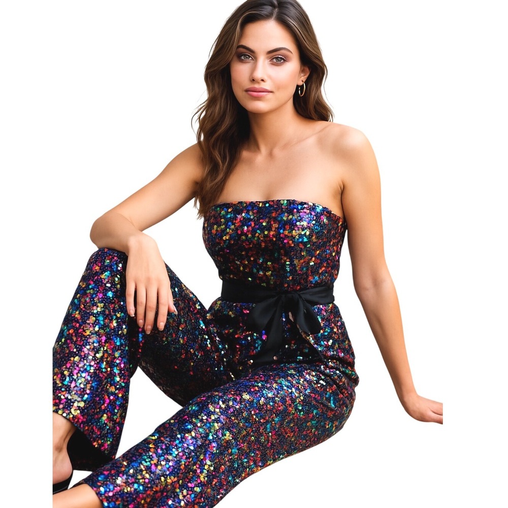 Aakaa Fully sequined Multicolor Jumpsuit Straplees sz Sm STUNNING!!!